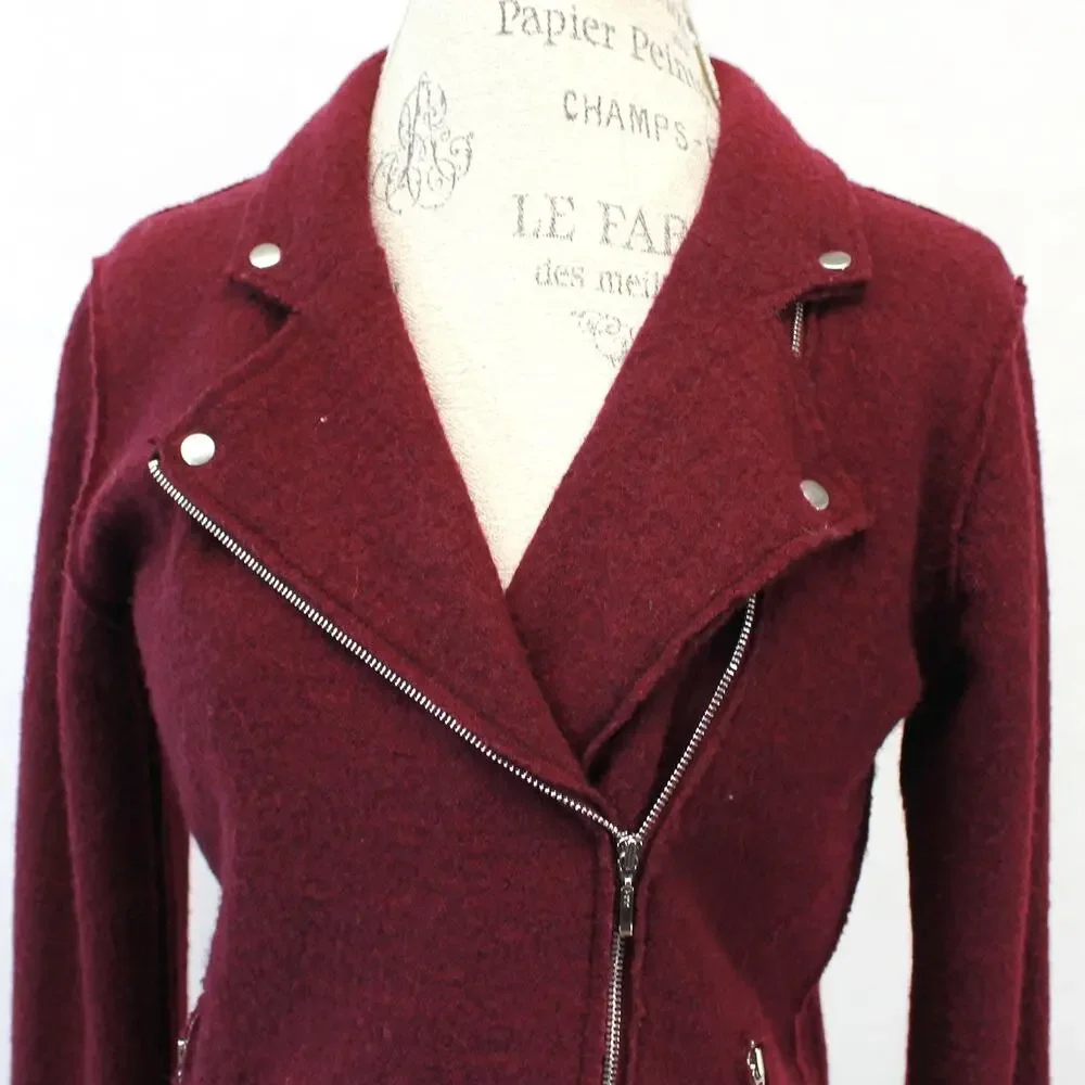 Anthropologie Anthro MOTH 100% Wool Burgundy Motorcycle Jacket Blazer Y2K Small